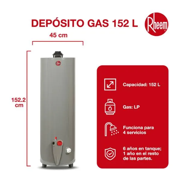 calentador de agua de depósito 152 l gas lp para 4 servicios